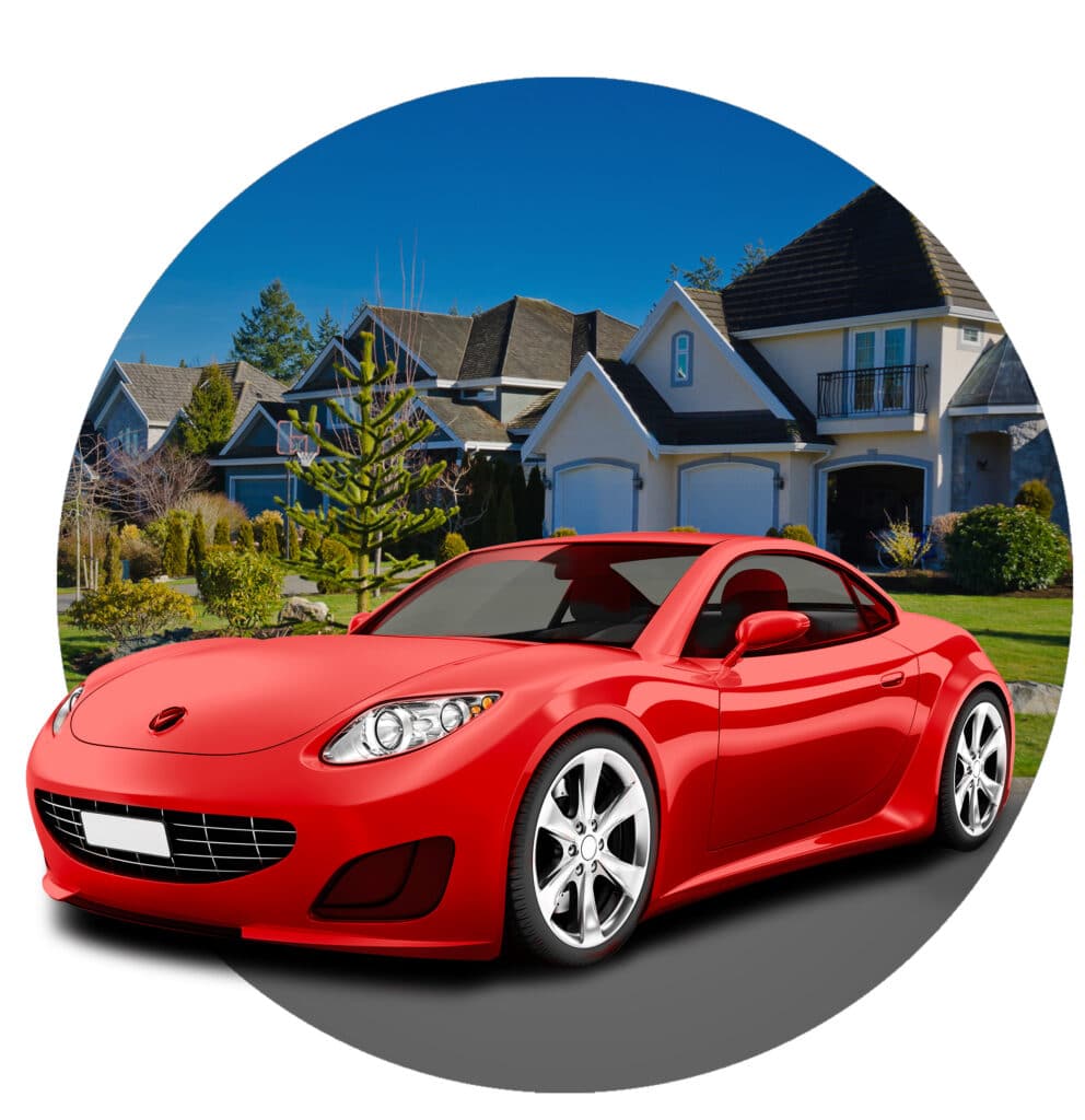 Red sports car in residential area